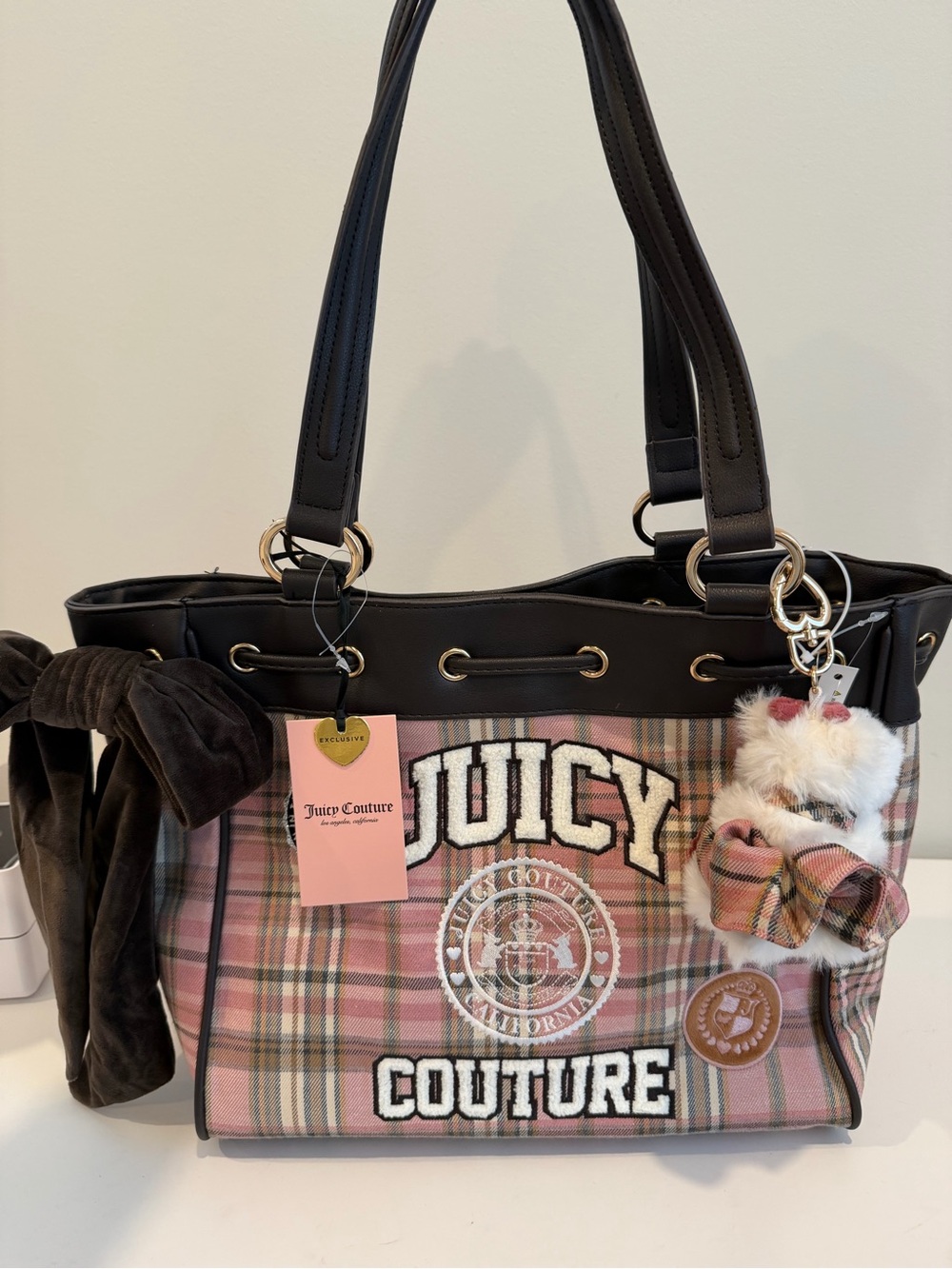 Juicy Couture Pink Plaid Tote Bag with Black Trim